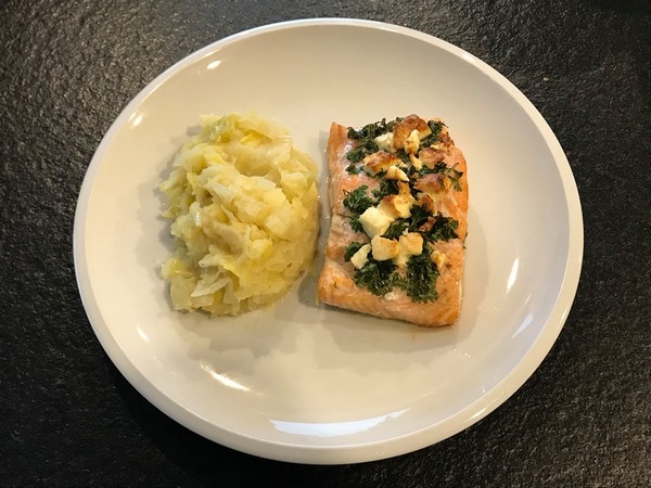 Zalm met feta en preistoemp met witbier